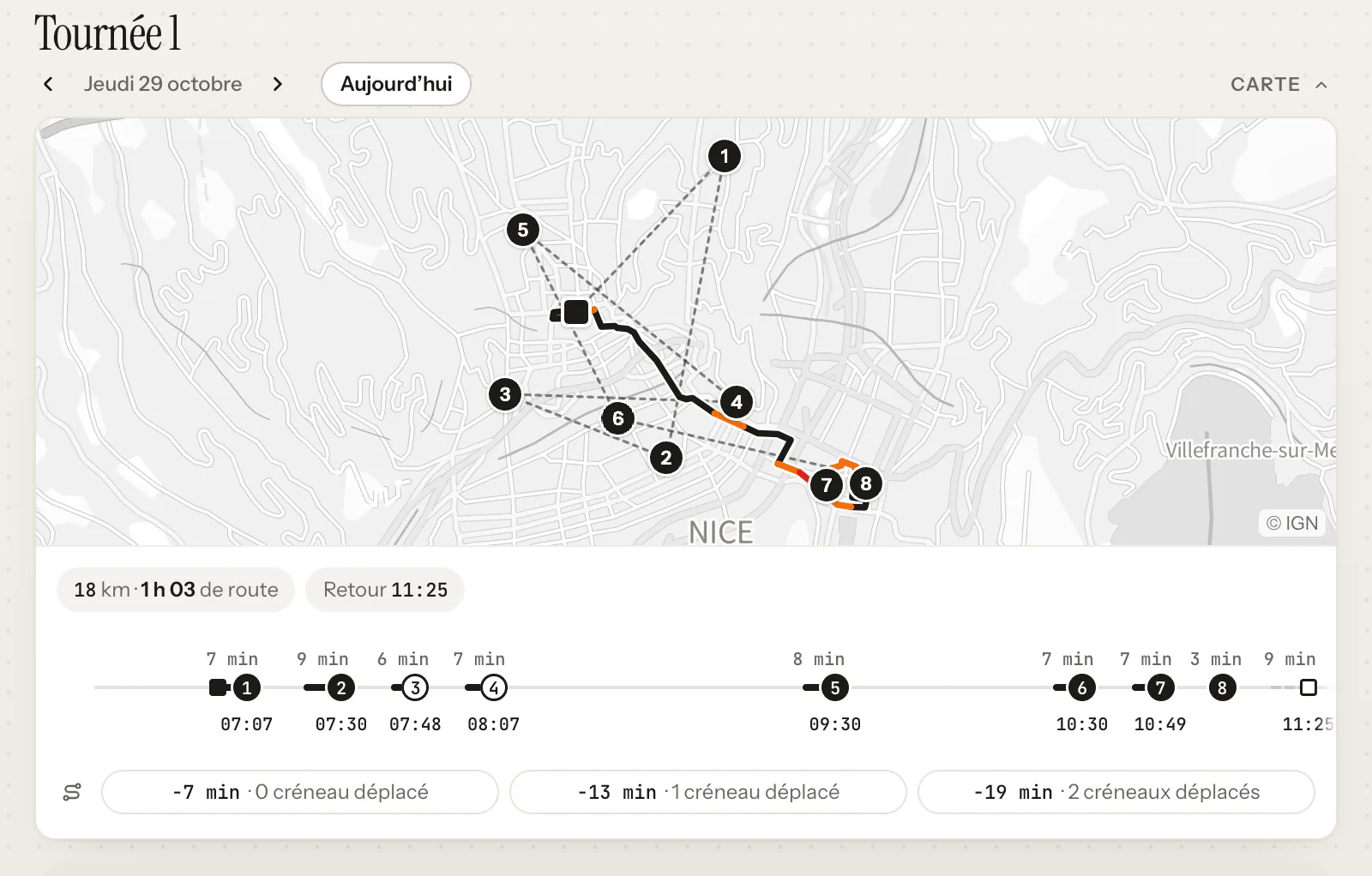 Tomorrow’s route with three shorter-route proposals: 7, 13 and 19 minutes saved depending on how many time slots move