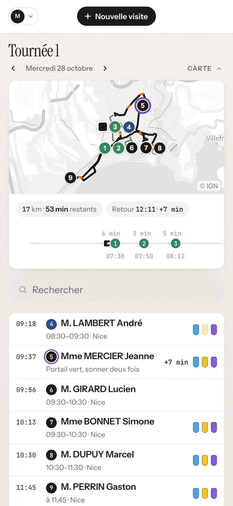 Route running late on a phone: seven minutes behind at the current visit, carried over to later times and the return
