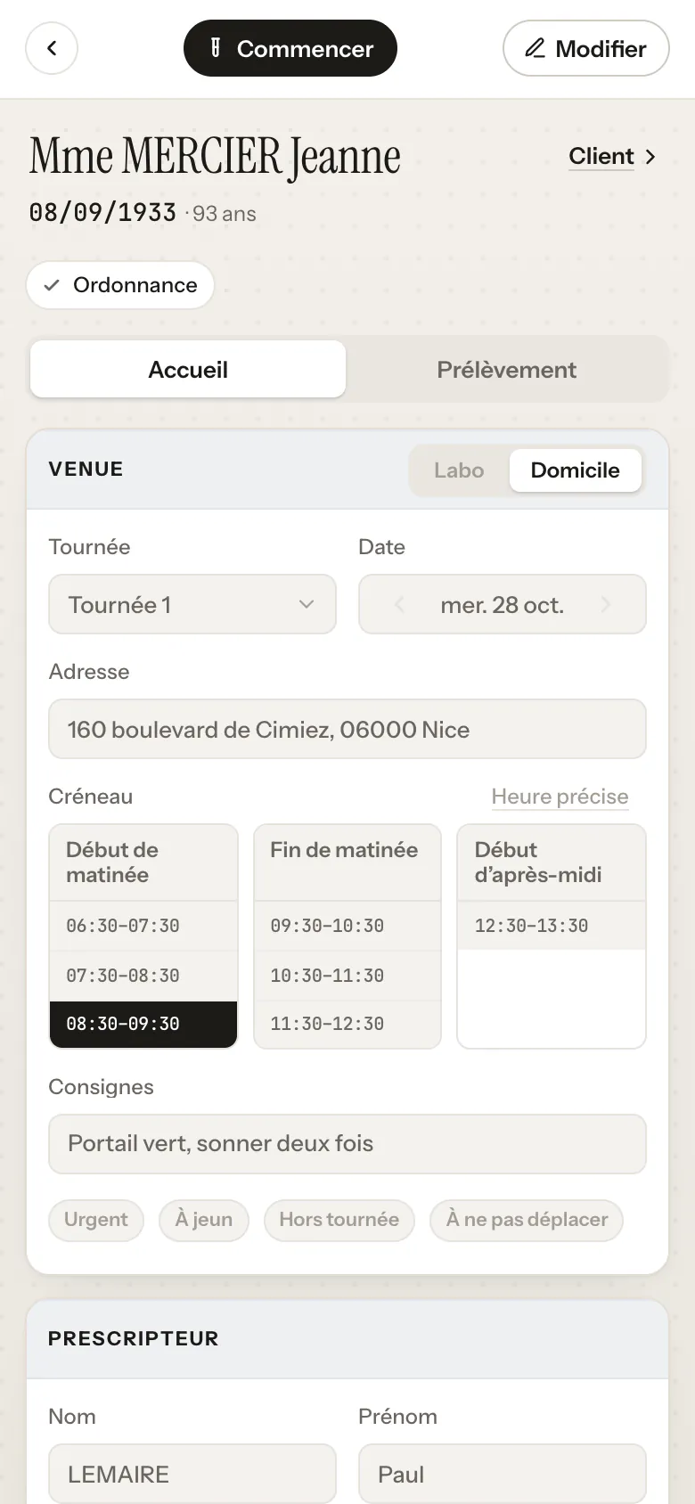 Home visit on a phone: route, address, time slot, access notes and options such as fasting or do not move