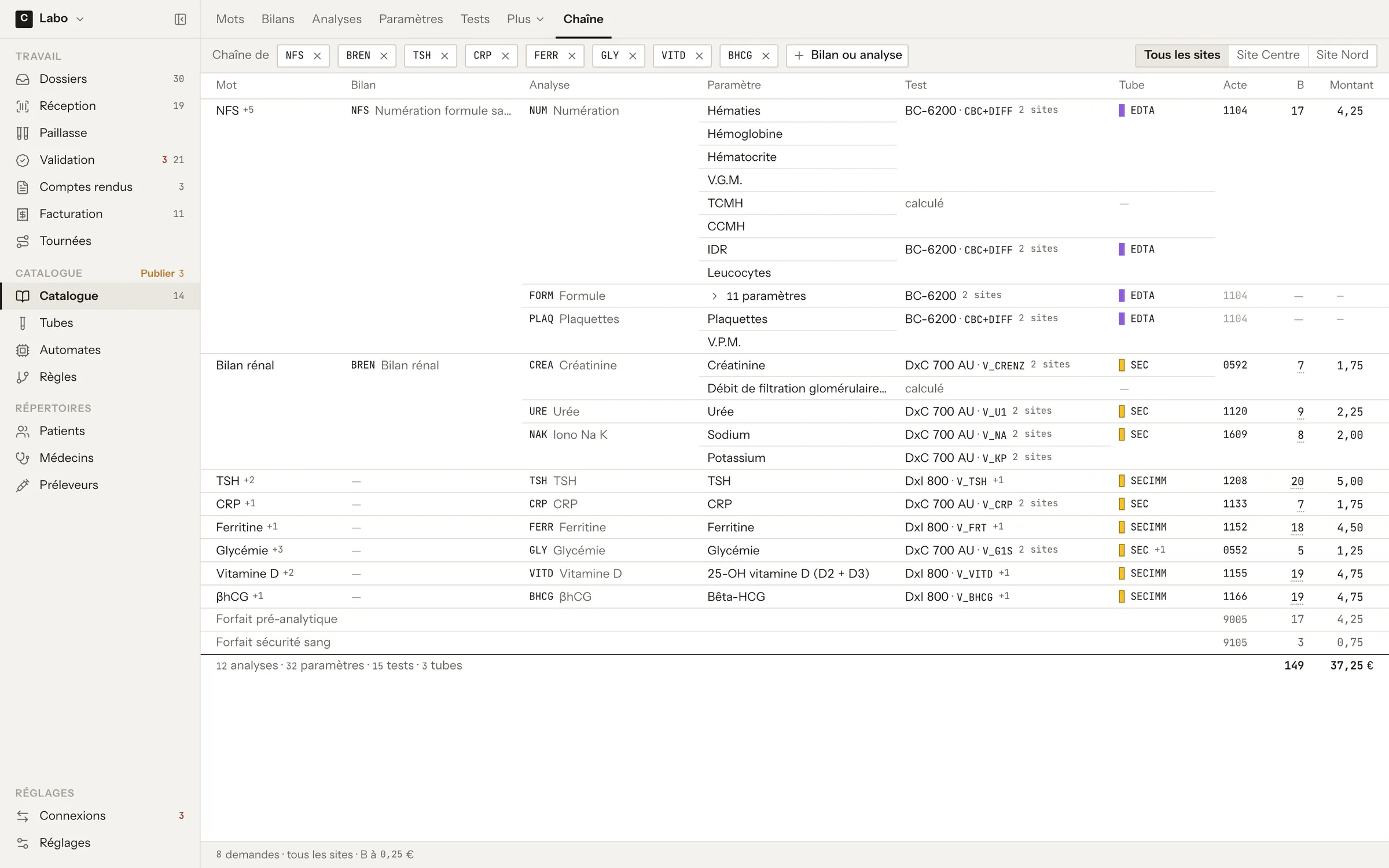 Catalogue chain view: from each word on the order down to the analyzer test, tube, billing code and amount
