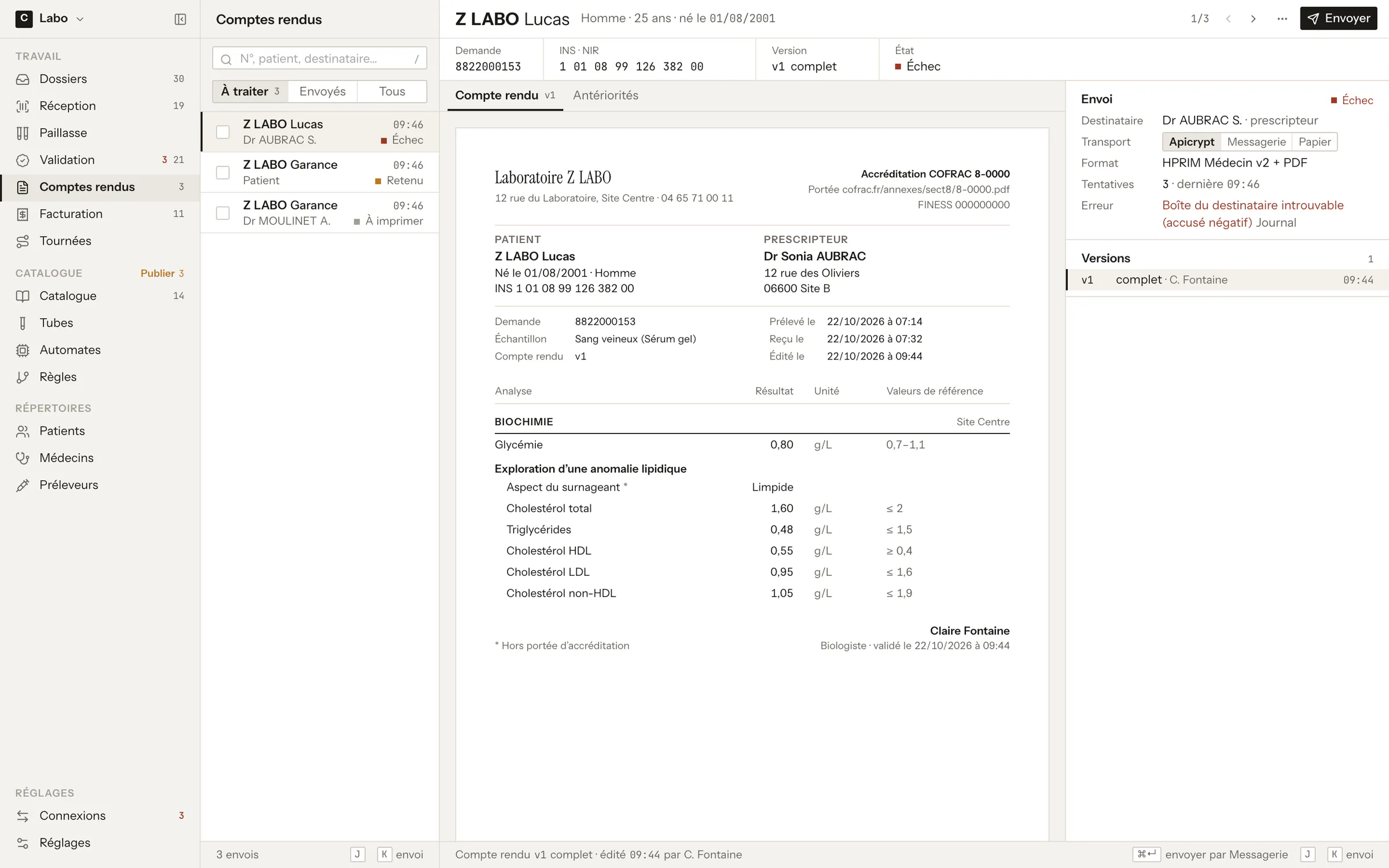 Lab report ready to print and its failed delivery to the doctor, with the reason in plain words and the retry count