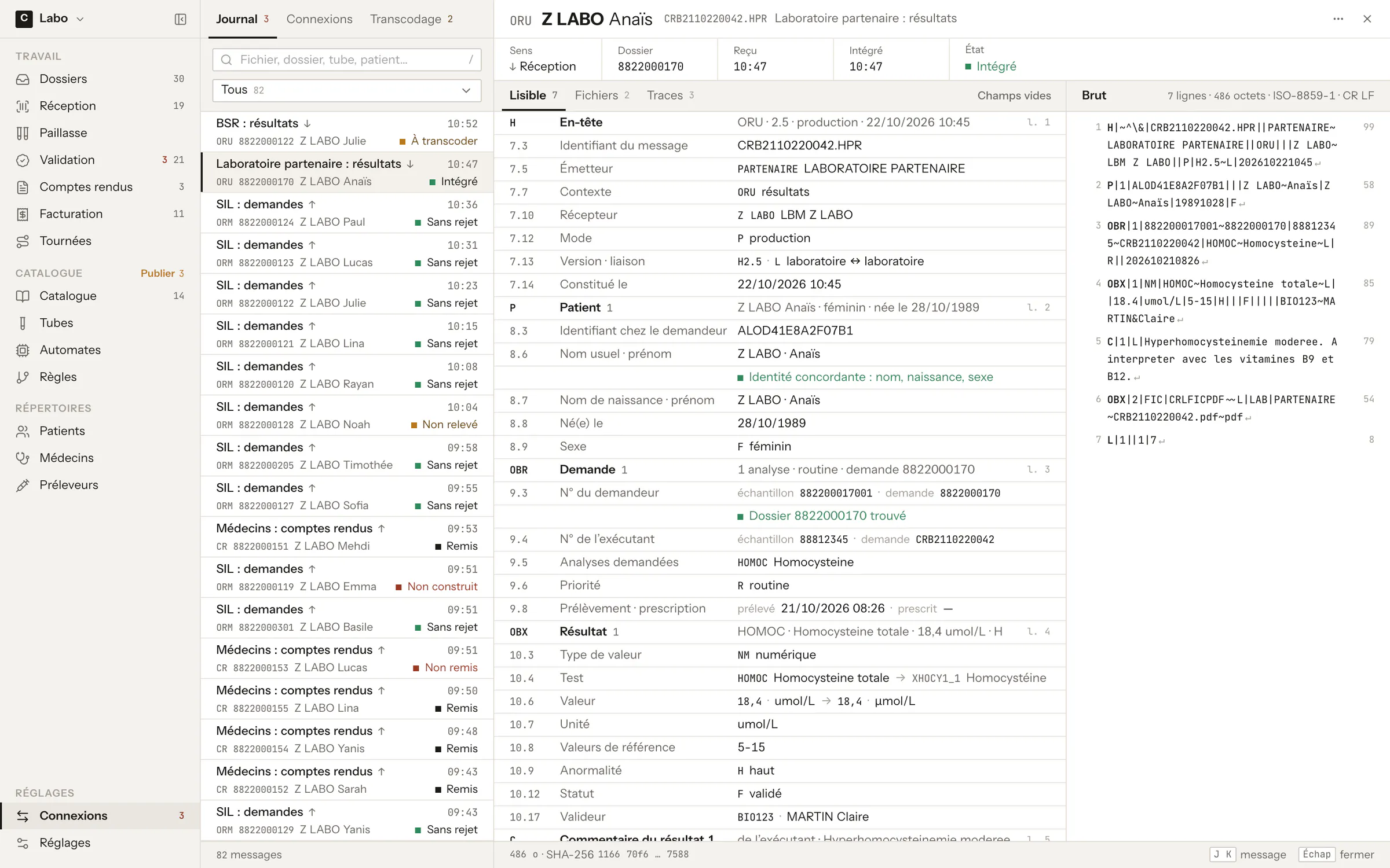 HPRIM message viewer: an incoming results message decoded field by field, identity and case checks, unit conversion and raw message