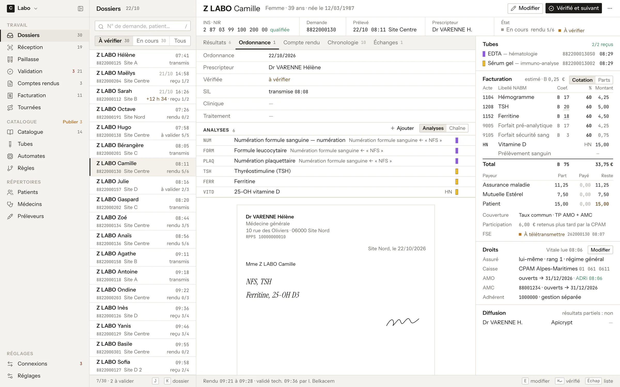 LIS case file: ordered tests, French lab fee schedule pricing (€33.75), split between national insurance, top-up insurer and patient, insurance rights check