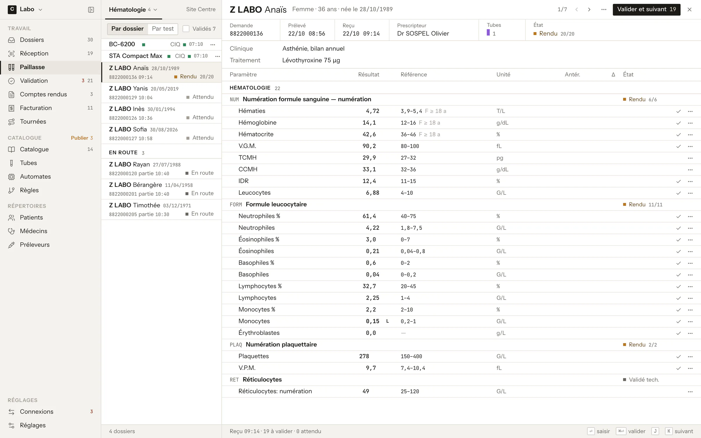 Hematology bench: CBC results entry grid with reference ranges and units, analyzers and today’s QC status